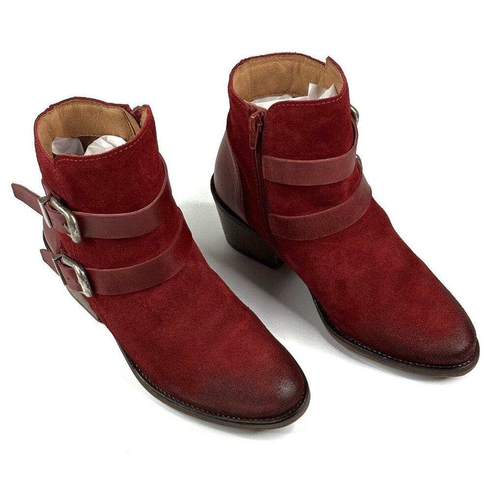Miz Mooz Dayla Merlot Suede Ankle Boots Leather Straps Buckles Women's 37/6.5-7
